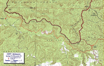 OT Sylamore Section, Spring Creek to Moccasin Creek topographic map with trail at 1:24,000 scale